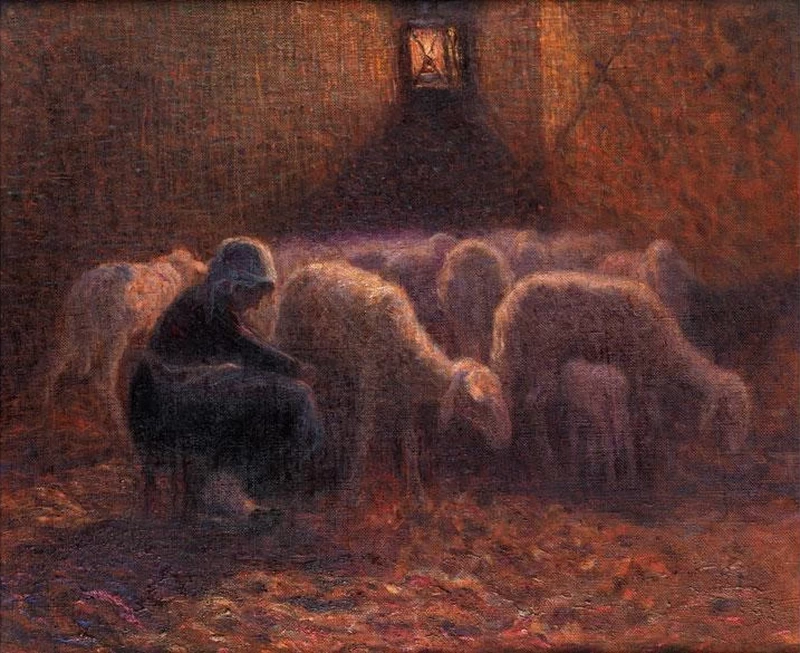 Contadina che munge una pecora in una stalla - attribuito